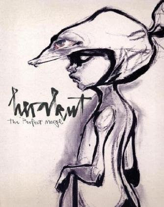 A surreal abstract figure with exaggerated features and a hat is depicted on an off-white Herakut-inspired background. Dark lines and shadowing add a street art vibe. The perfect model text and a stylized signature enhance the artwork.