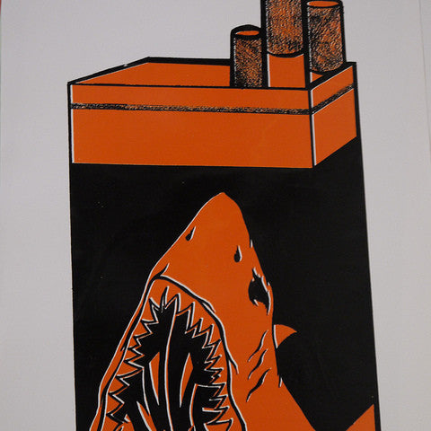 This fine art print features an orange cigarette pack with a shark’s open mouth design at the bottom and three cigarettes protruding from the top, highlighting Shark Toofs iconic style.