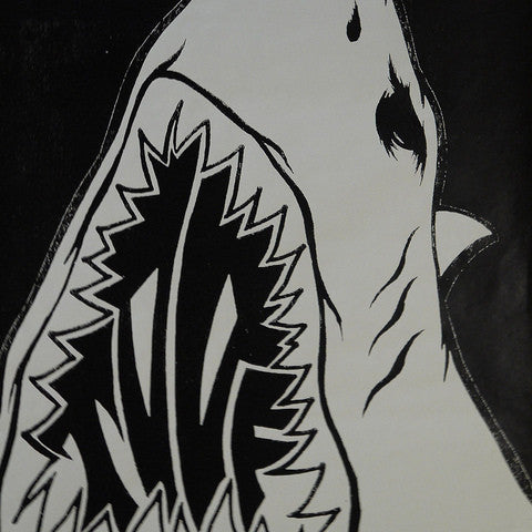 A Shark Toof-inspired illustration of a shark features the words THE CAVE as jagged teeth in an agape mouth against a dark backdrop, offering a bold fine art print for those who appreciate dramatic designs.