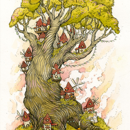 A whimsical illustration by Nicole Gustafsson features a large, gnarled tree with yellow-green foliage, small red-roofed houses, and windmills nestled in its branches. A stone path leads to the base, all set against a backdrop of soft pastel hues.
