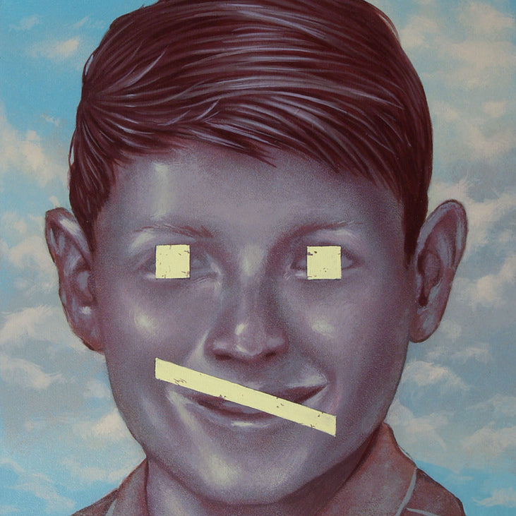A surreal portrait by Casey Weldon, featuring a realistic boy with short dark hair against a cloudy sky. His eyes and mouth are intriguingly obscured by beige geometric shapes, adding an abstract and enigmatic touch. Showcased at Spoke Art Gallery and painted with acrylic on board.