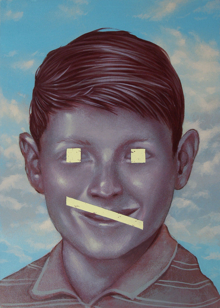 A surreal portrait by Casey Weldon, featuring a realistic boy with short dark hair against a cloudy sky. His eyes and mouth are intriguingly obscured by beige geometric shapes, adding an abstract and enigmatic touch. Showcased at Spoke Art Gallery and painted with acrylic on board.