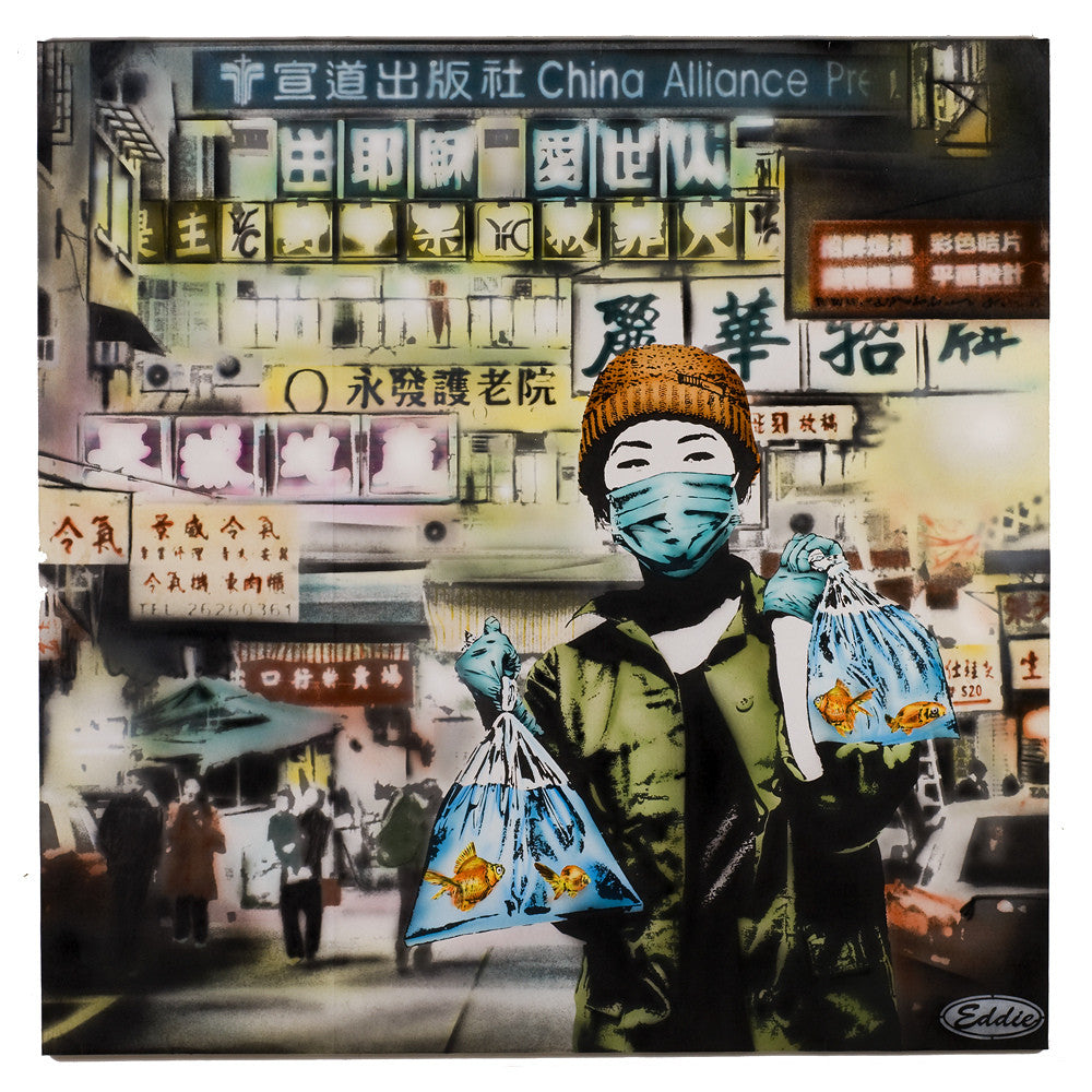 A masked person in a beanie carrying goldfish bags stands on a lively street, reminiscent of an Eddie Colla artwork. Neon signs with Chinese characters illuminate the urban night scene, creating a mixed media effect as if its been lifted from an art gallery.