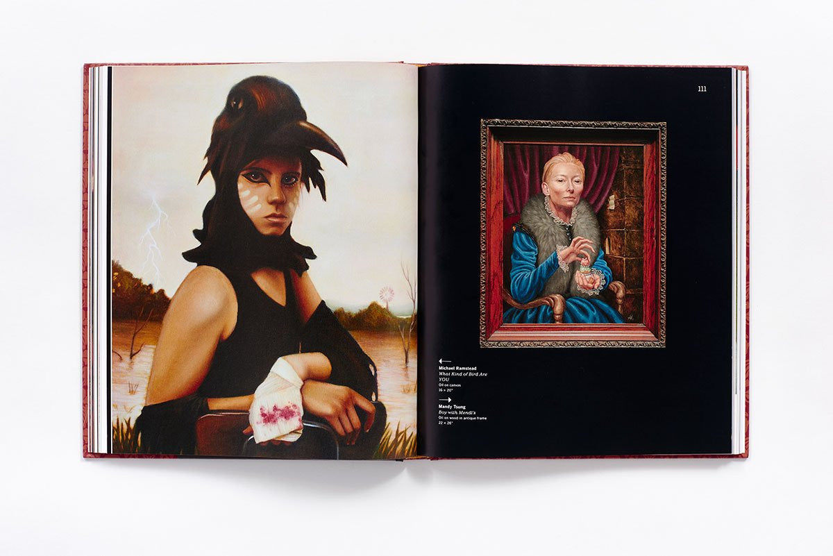 An open book by Matt Zoller Seitz reveals two Wes Anderson-style art pieces: the left features a person in a bird-like mask near water, and the right displays an elderly persons detailed portrait holding a small object, evoking themes from Spoke Art Gallerys Bad Dads exhibition.