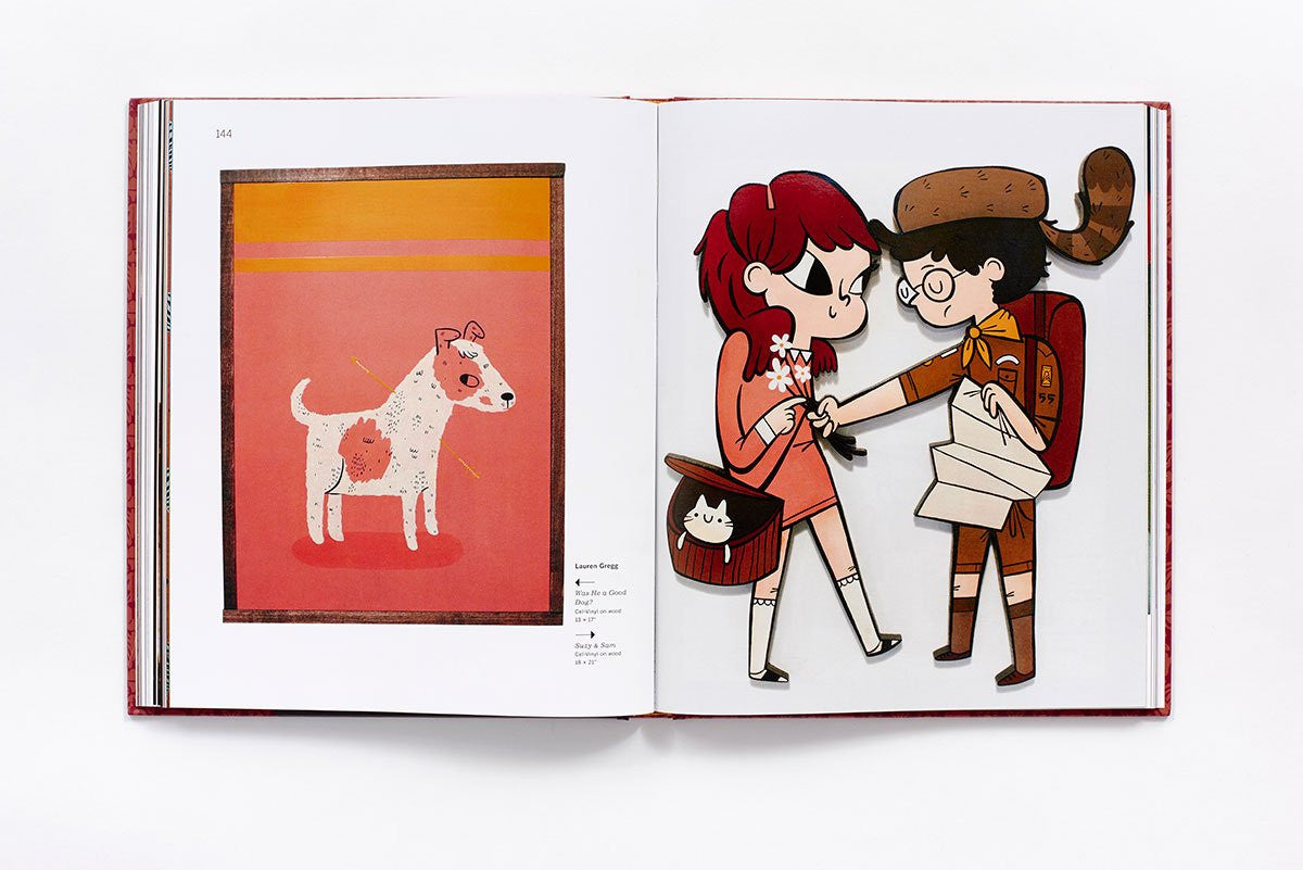 An open book features art: the left page shows a painting of a white dog with a patch on an orange background, echoing Wes Andersons style. The right page displays a cartoon boy in a raccoon hat, girl with a flower, and cat in basket—an homage to Spoke Art Gallerys Bad Dads exhibition by Matt Zoller Seitz.