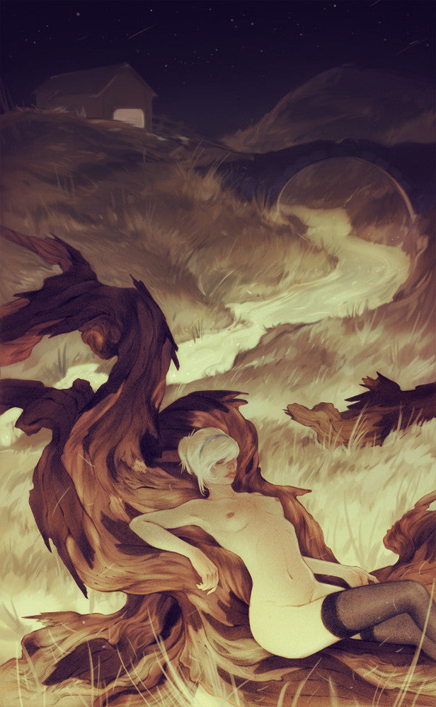 A surreal scene, akin to a Sam Wolfe Connelly artwork, shows a light-haired person, partially unclothed against a twisted tree in moonlight. A winding path leads to Forest Graves under the starry sky. Warm and subdued tones heighten the dreamlike atmosphere.