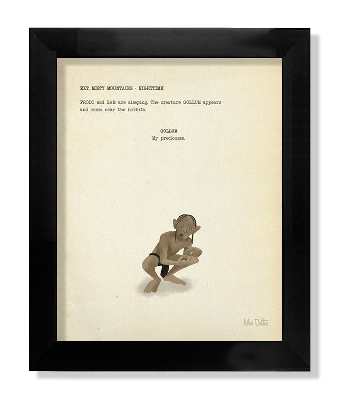 The Max Dalton framed fine art giclee print displays a script page featuring Frodo, Sam, and Gollum, complemented by an illustration of crouching Gollum. This piece from the Lord of the Thrones exhibition is set against a plain white background.