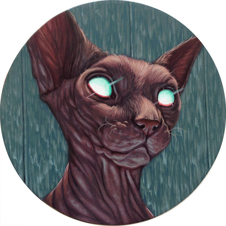 A digital artwork by Casey Weldon showcases a hairless cat with glowing eyes. Its large ears stand out against a textured blue-green background, encircled by a frame that defines its features beautifully.