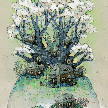 A fantasy illustration of Blossom Hill features a majestic large tree with a white canopy, reminiscent of Nicole Gustafssons style. Lanterns hang from its branches, casting light over small houses below, while paths weave through the serene scene in soft gouache and ink tones.