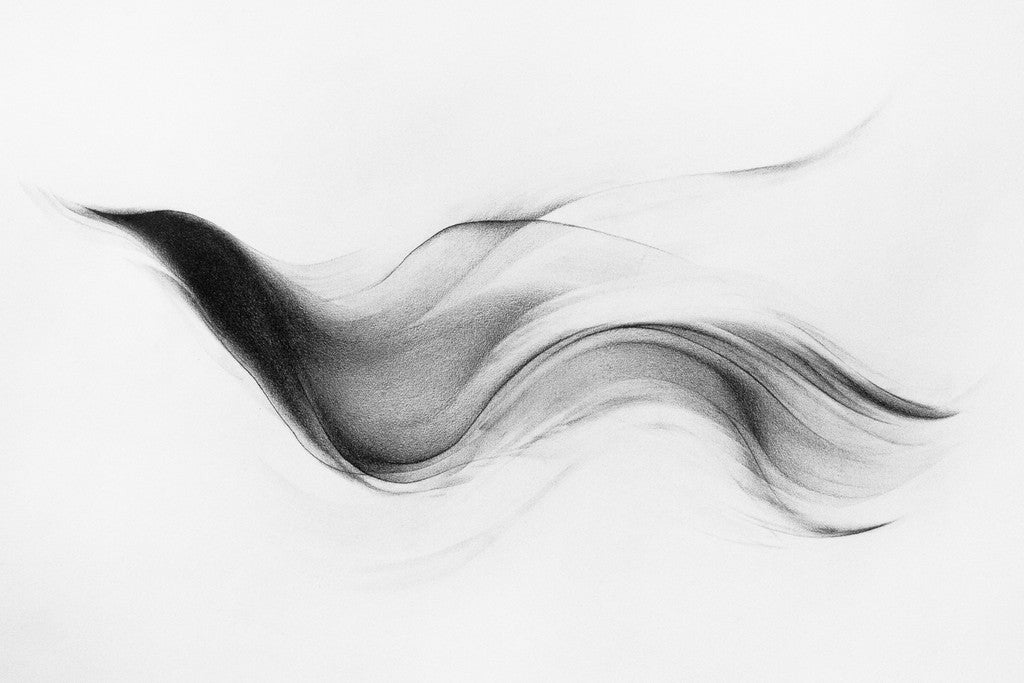 Wraith #3, a black and white piece by Megan Wolfe, displayed at Spoke Art Gallery, features fluid wave-like forms with smooth curves, creating a dynamic yet serene visual impact on its white background.