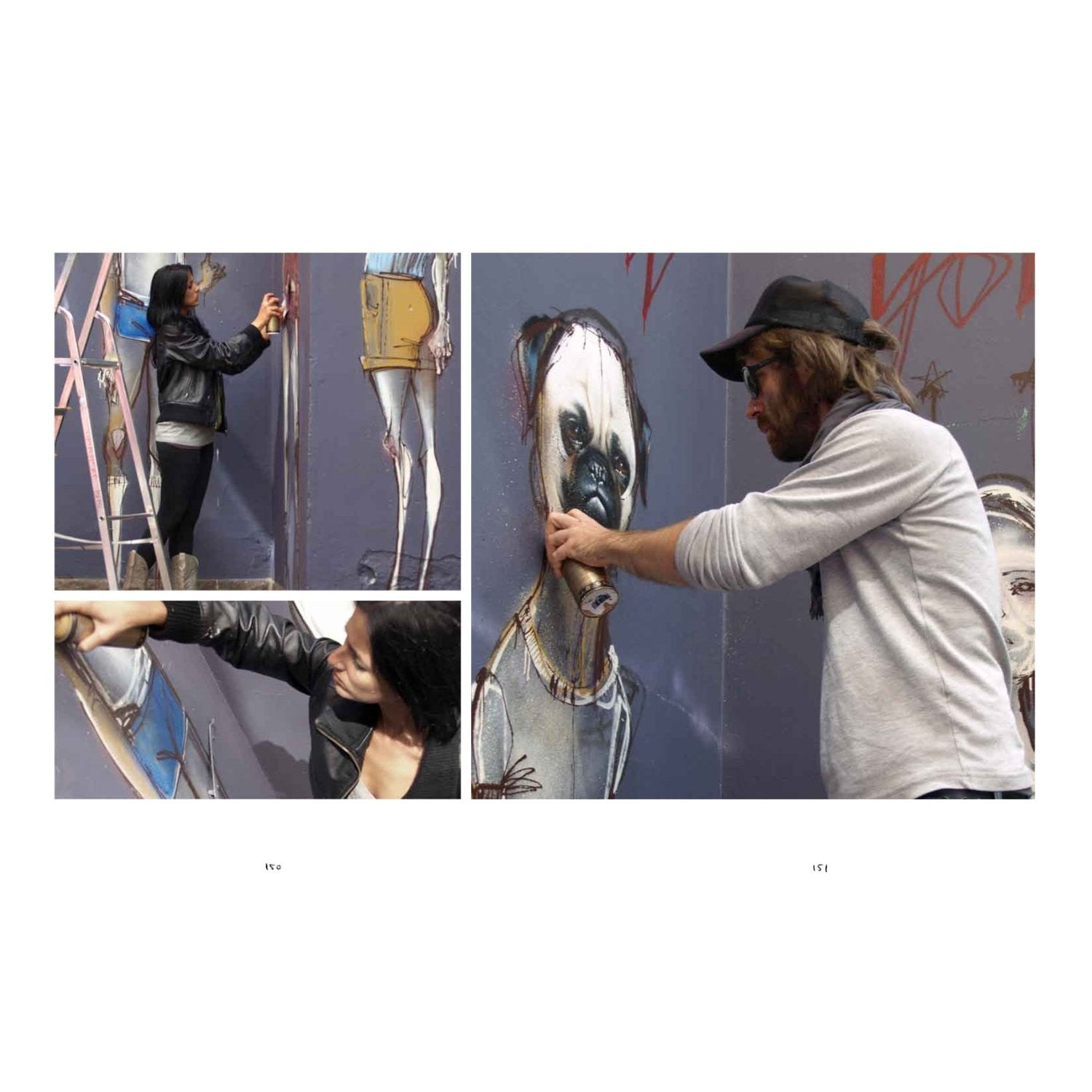 Street artists from Herakut are creating a stunning mural, with one artist on a ladder painting and another in a hat detailing a photorealistic dog-like figure. Their collaboration beautifully showcases the vibrancy and creativity of street art.