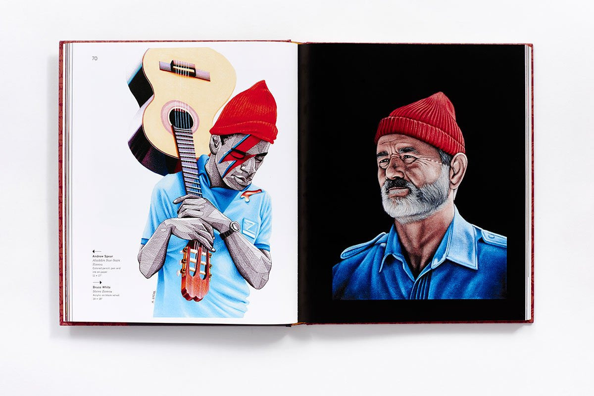 An open book with two Wes Anderson-style illustrations: Left, a man in a blue shirt and red beanie holding a guitar, colorful facial markings; Right, a bearded man with glasses in blue attire and red beanie. Inspired by Matt Zoller Seitzs style seen at Spoke Art Gallerys Bad Dads exhibition.