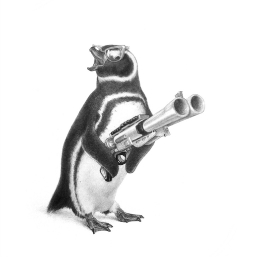 A penguin pencil sketch in Xiau-Fong Wees style shows the creature upright, beak open as if vocalizing, donning sunglasses and wielding a double-barreled gun against a plain white background.