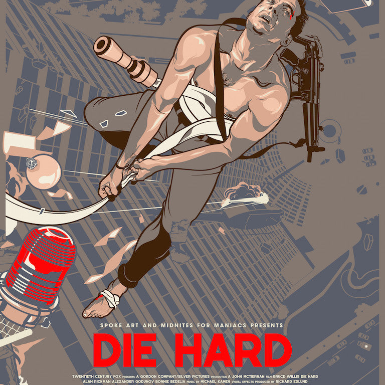 Vincent Aseos limited edition screen print features a stylized illustration of a man in a white tank top swinging from a skyscraper with a fire hose amidst explosions, with Die Hard boldly at the bottom against an action-filled cityscape.