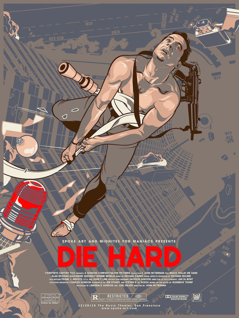 Vincent Aseos limited edition screen print features a stylized illustration of a man in a white tank top swinging from a skyscraper with a fire hose amidst explosions, with Die Hard boldly at the bottom against an action-filled cityscape.