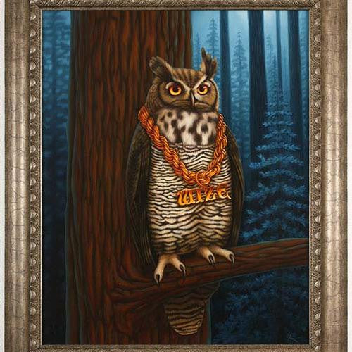 Isabel Samaras oil on panel painting features an owl perched on a tree branch in a dim forest, wearing a large orange necklace with a OWLS gold pendant. The artwork is elegantly framed with an ornate wooden border.