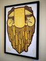 This GATS-framed artwork showcases a stylized face with closed eyes, using yellow and brown hues. It features geometric patterns, intricate line work, and a textured beard that evokes an acorn print and a serene expression.