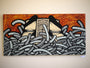 GATS presents an abstract acrylic piece on wood, showcasing a face with closed eyes amidst swirling snake-like patterns. The textured earthy red background enhances the depth and contrast of the black and white design elements.