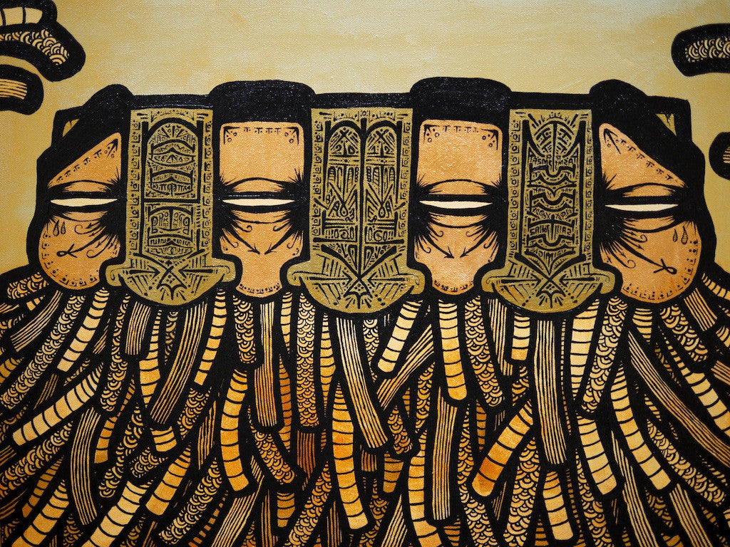 The acrylic on canvas artwork titled GATS by Brand GATS showcases five closed-eye faces intertwined with intricate patterns. Below, a textured mesh of yellow and black lines flows vividly against a warm, muted yellow background.