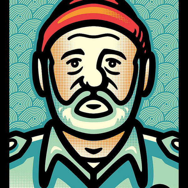 James Whites bold, graphic style illustration features a bearded man in a red beanie and blue shirt, with halftone dots inspired by The Life Aquatic. The teal wave pattern background echoes a classic screen print design.