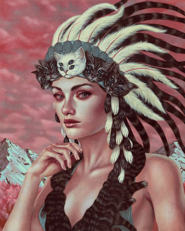 A woman in a feathered headdress with cat faces stands against a surreal pink landscape, exuding prowess. Her braid complements her thoughtful expression in a setting reminiscent of Casey Weldons dreamlike style.