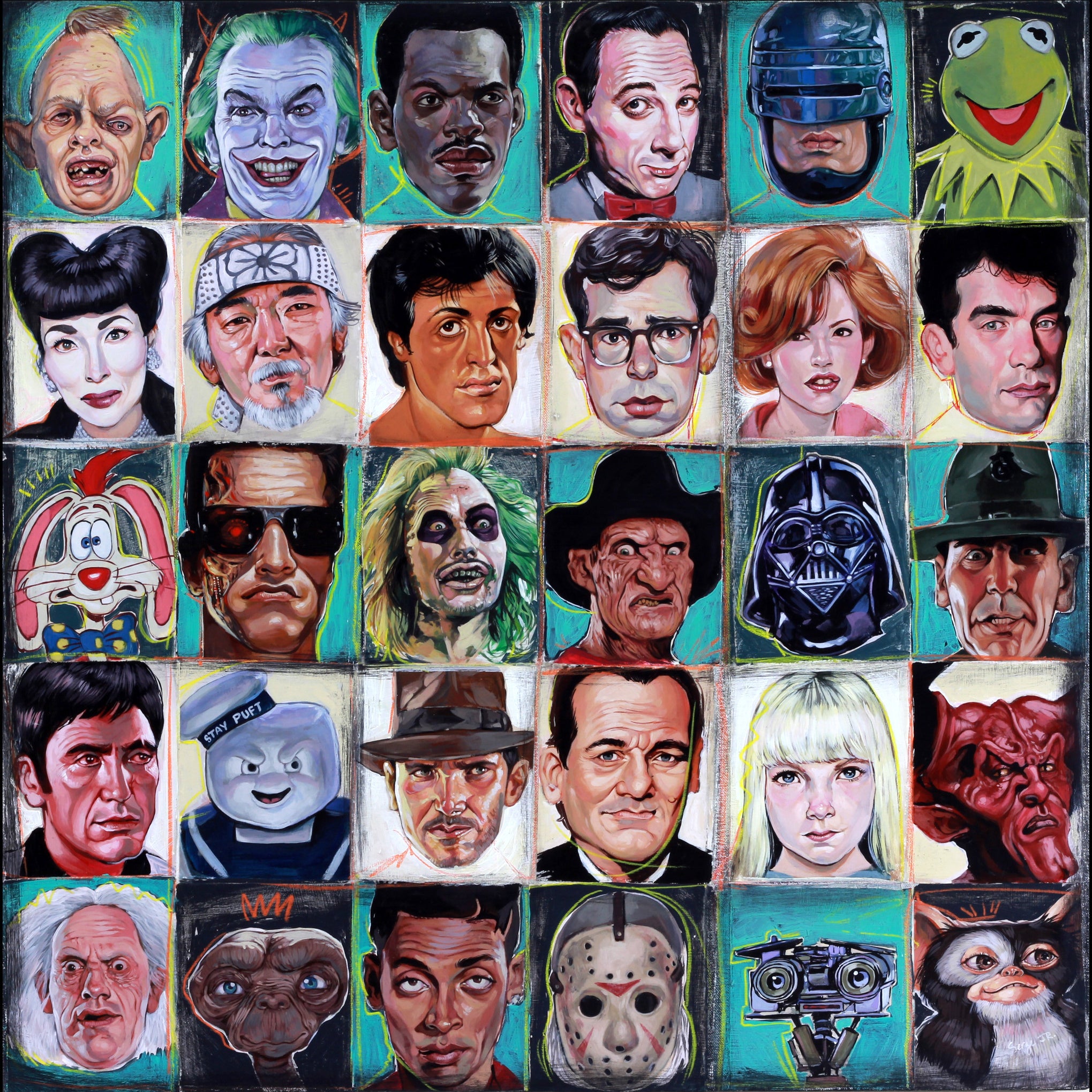 Serge Gay Jr. presents a 25-piece collection of vivid portraits featuring iconic fictional characters from movies, TV shows, and pop culture, each painted with distinct expressions and styles that echo the vibrant 80s Out era.