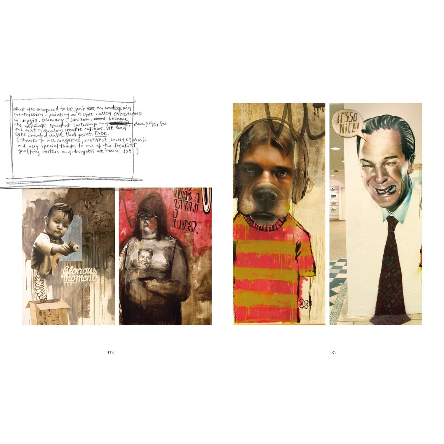 A collage highlighting five street art pieces, each with a distinct style—from human and hybrid figures to bold colors and graffiti elements. These works embody an urban aesthetic, with a simple white background accentuating the photorealistic touch by artists like Herakut.