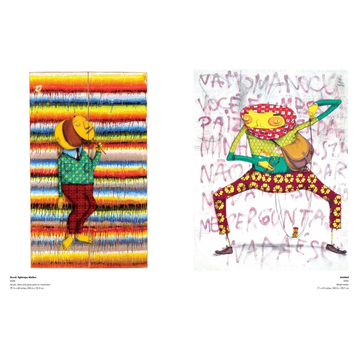 Two vibrant artworks: left depicts a figure with bright stripes; right displays a person with a pink head, green body, and detailed attire amidst graffiti-like text. This urban art reflects the unique style of Os Gemeos.