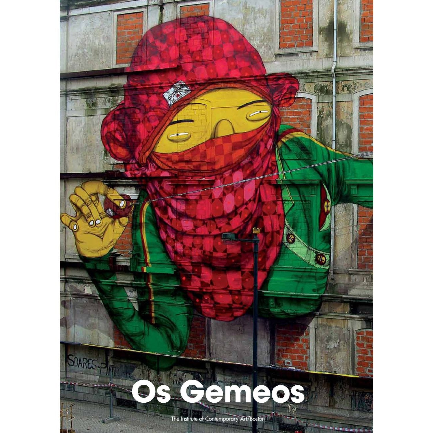 Os Gemeos presents a striking mural featuring urban art: a large figure donned in a green jacket with a red checkered hat and scarf. This vivid graffiti complements the buildings facade, incorporating windows and bricks, captioned Os Gemeos The Institute of Contemporary Art Boston.