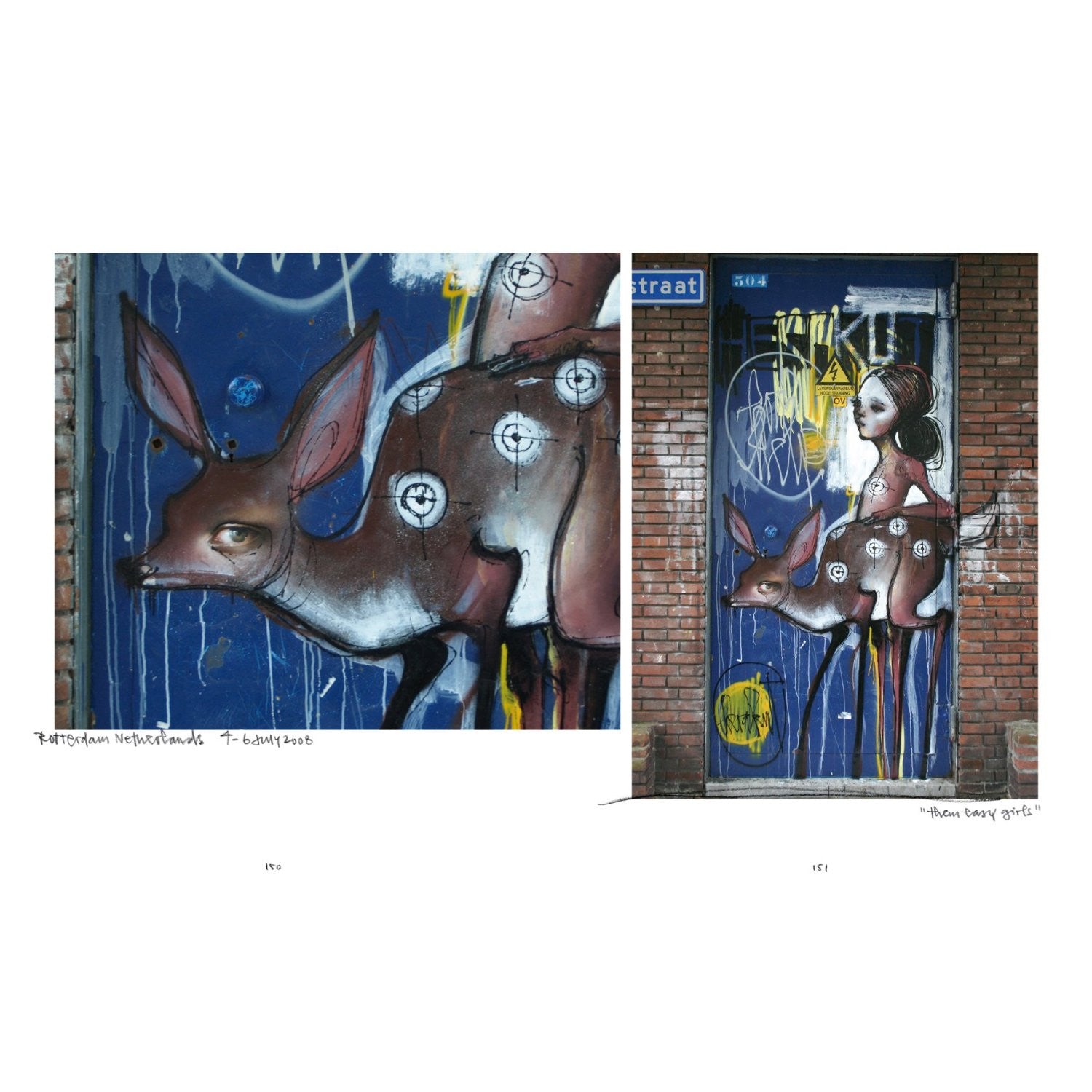 A brick wall features Herakuts vibrant street art of a whimsical figure with a deer body and humanlike head, blending photorealism and graffiti into a striking artistic expression.