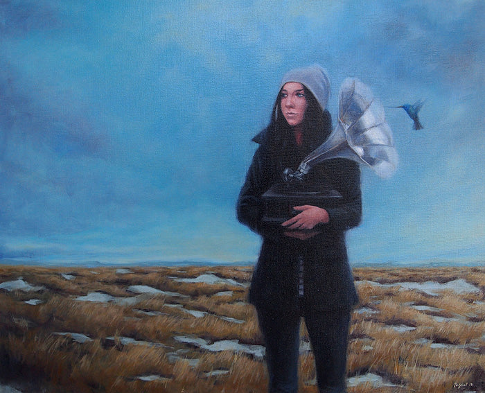 In a grassy field beneath a cloudy sky, a woman in a dark hooded outfit contrasts with the landscape as she holds a portable gramophone like its the sweetest gift. A small bird flits nearby, and the scene evokes Ruel Pascuals style, with brown grass mingling with snowy patches.
