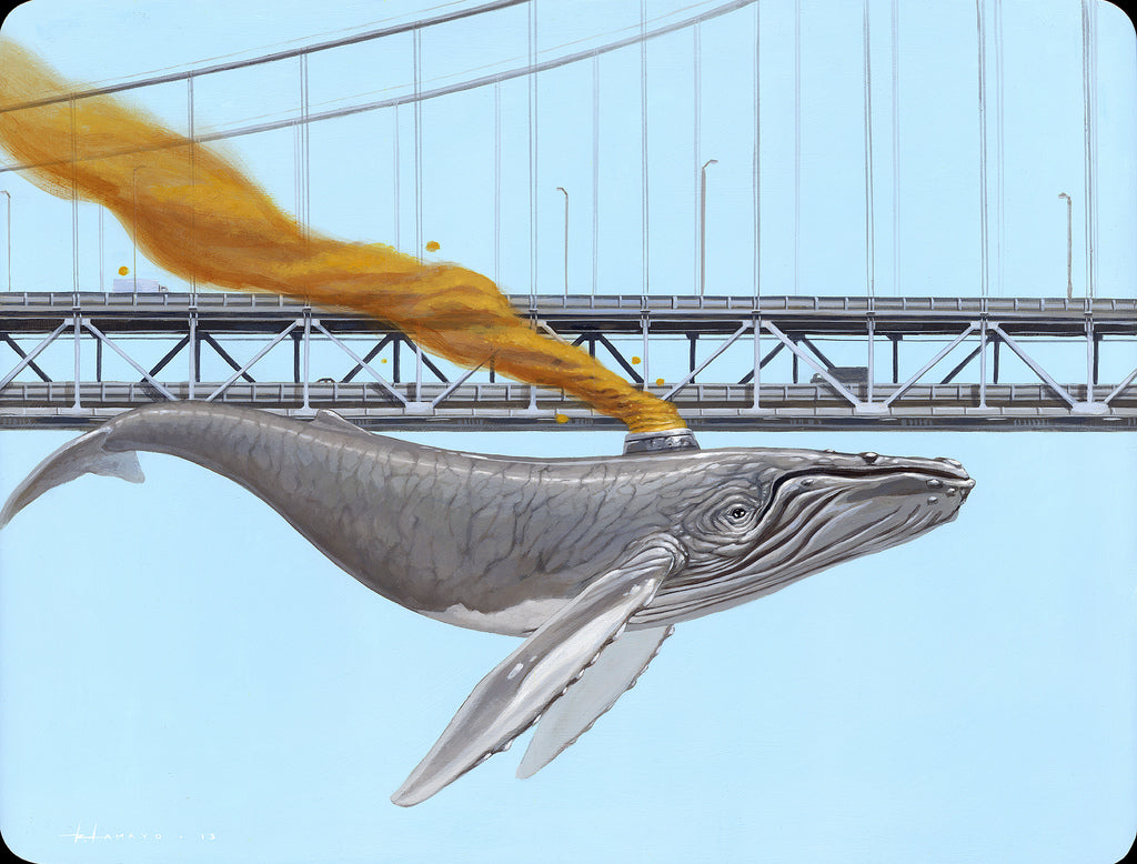 In Roland Tamayos whimsical Acrylic on Wood, a sky-soaring whale with an exhaust pipe emitting brown smoke contrasts against a clear blue sky, sailing under a bridge and creating a surreal scene that defies reality.