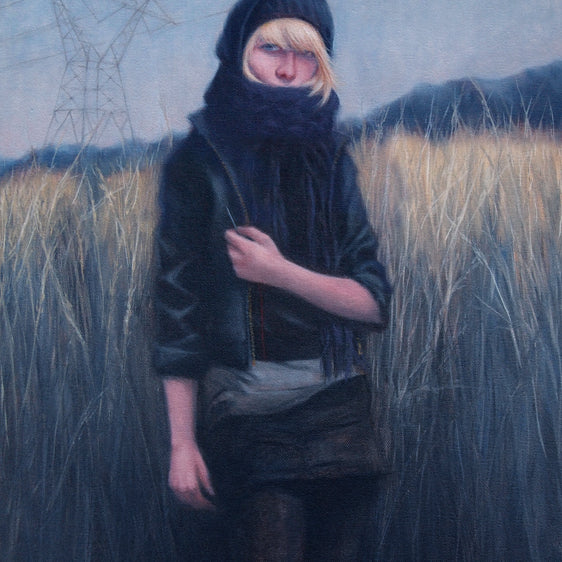 A person in a black jacket, scarf, and beanie stands in tall grass with blurred mountains and power lines behind them. The scene exudes a moody, ethereal vibe reminiscent of Ruel Pascuals style in Someday You Will Find Me, evoking an oil on canvas feel.