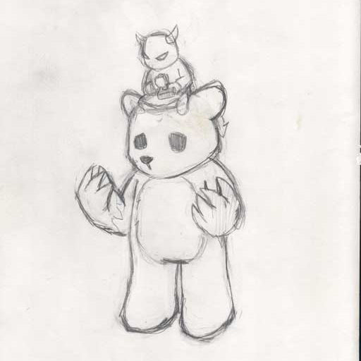 The pencil sketch features a large, anthropomorphic bear with fierce claws and hollow eyes in Luke Chuehs signature style. Atop the bear rests a serene, cat-like creature with pointed ears, resembling a possessed toy.