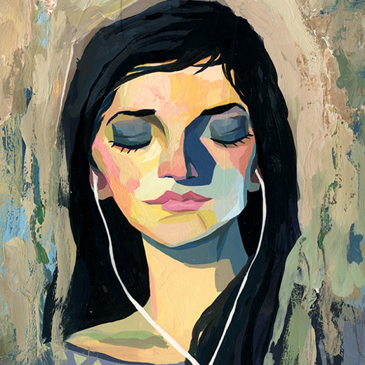 This abstract painting by Rich Pellegrino features a woman with long dark hair and closed eyes, wearing earphones. Bold brushstrokes and a vibrant acrylic palette on board create a serene, contemplative mood.