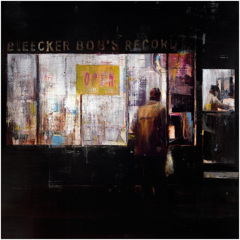 Brett Amorys limited edition fine art giclee captures a dimly lit, nostalgic painting of Bleecker Bobs Records storefront at night, highlighted by a glowing OPEN sign and a mysterious blurred figure.