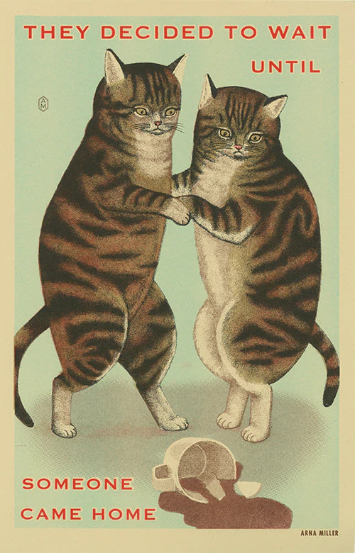 two striped cats holding paws looking down at spilled coffee with text "They decided to wait until someone came home"