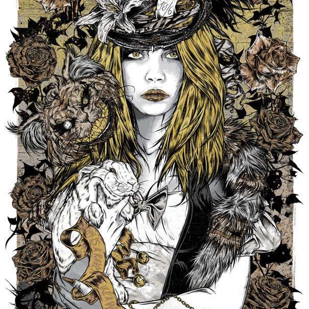 An intricate Rhys Cooper-inspired illustration featuring a woman in a detailed top hat with feathers and a 16 card, reminiscent of Alice’s whimsy. She holds a white rabbit amidst roses and dark flourishes in gold, black, and white.
