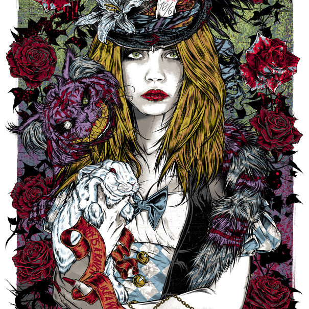 A gothic Alice-inspired woman wears a feathered hat with a key and tag, holding a white rabbit among red roses, a grinning cat, and complex designs. The Rhys Cooper-style scene includes a red ribbon reading Eat me above a pocket watch, ideal for screen print charm.