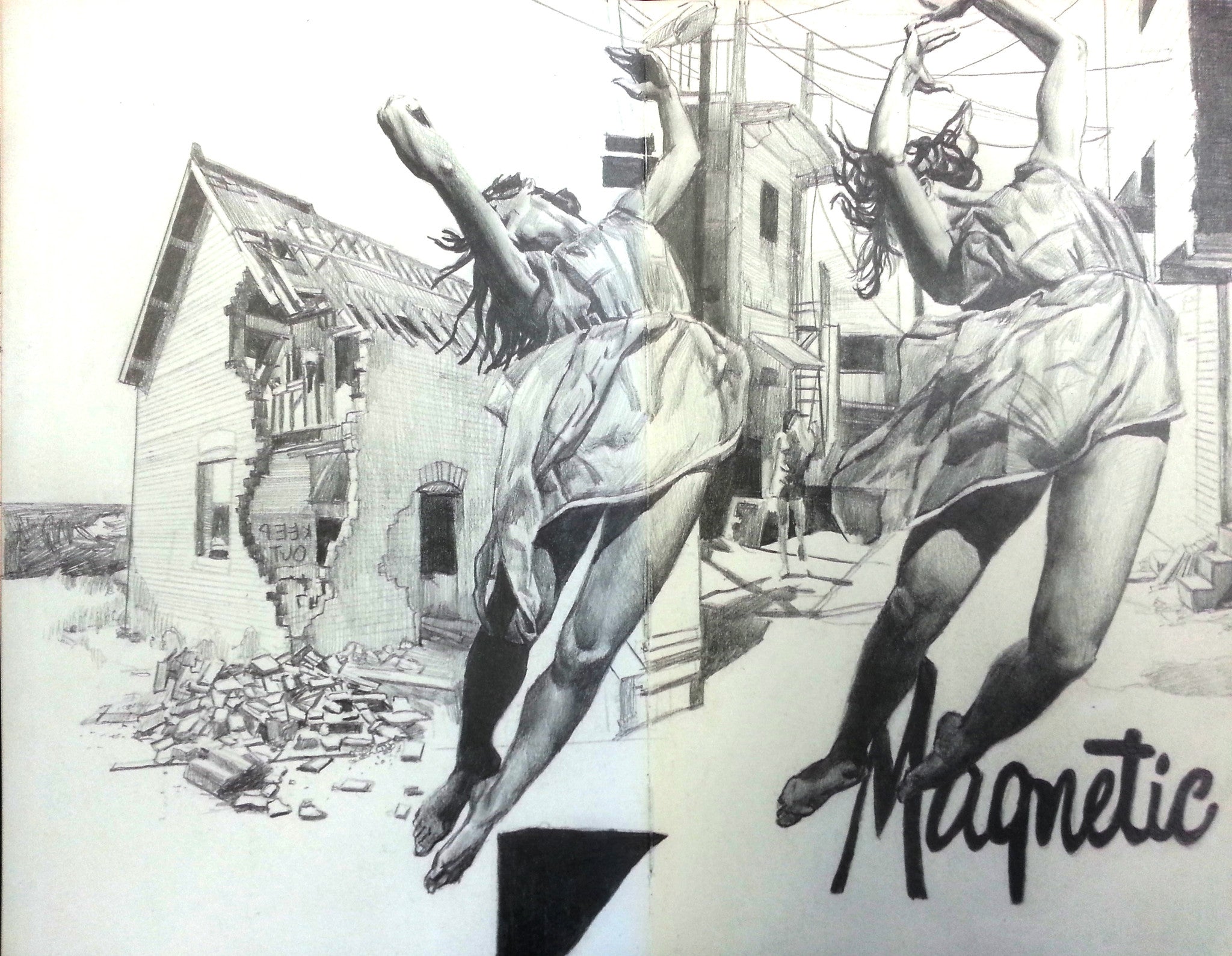 Artist Adam Caldwells graphite Moleskine sketch, Magnetic, vividly depicts a woman joyfully jumping in a dress near a damaged house with crumbling walls, capturing an emotional mix of architecture and human expression.