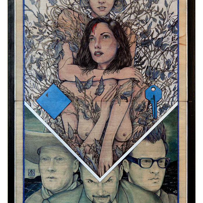 A framed painting by Alex R. Kirzhner titled I Hate Us Both shows a geometric design with two women entwined with branches and leaves, surrounded by a diamond and key symbol, atop three men with serious expressions on mixed media wood panels.