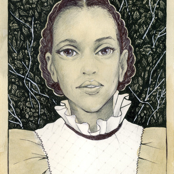 Depicting a person with a neutral expression and a ruffled collar, this Alex R. Kirzhner artwork features intricately detailed dark green leaves and branches in pen & ink, delivering an artistic and ornate classic Broomhilda style.