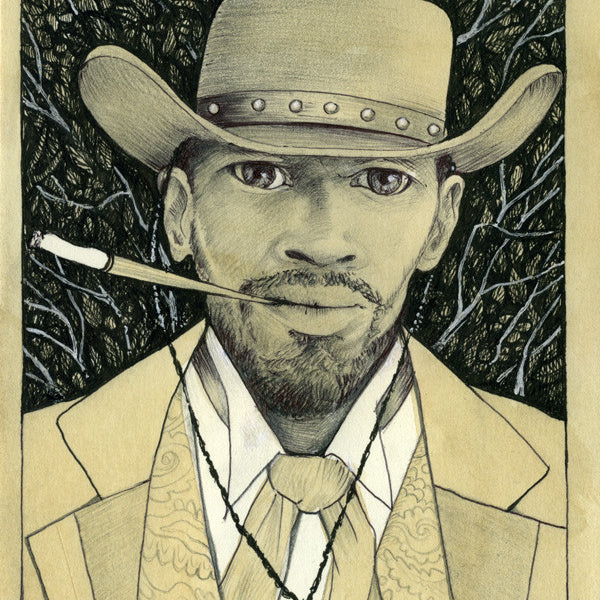 An Alex R. Kirzhner-inspired illustration features a person in a wide-brimmed cowboy hat and an intricately patterned suit, with a Django pen beside a long pipe, set against a dynamic backdrop of branches.