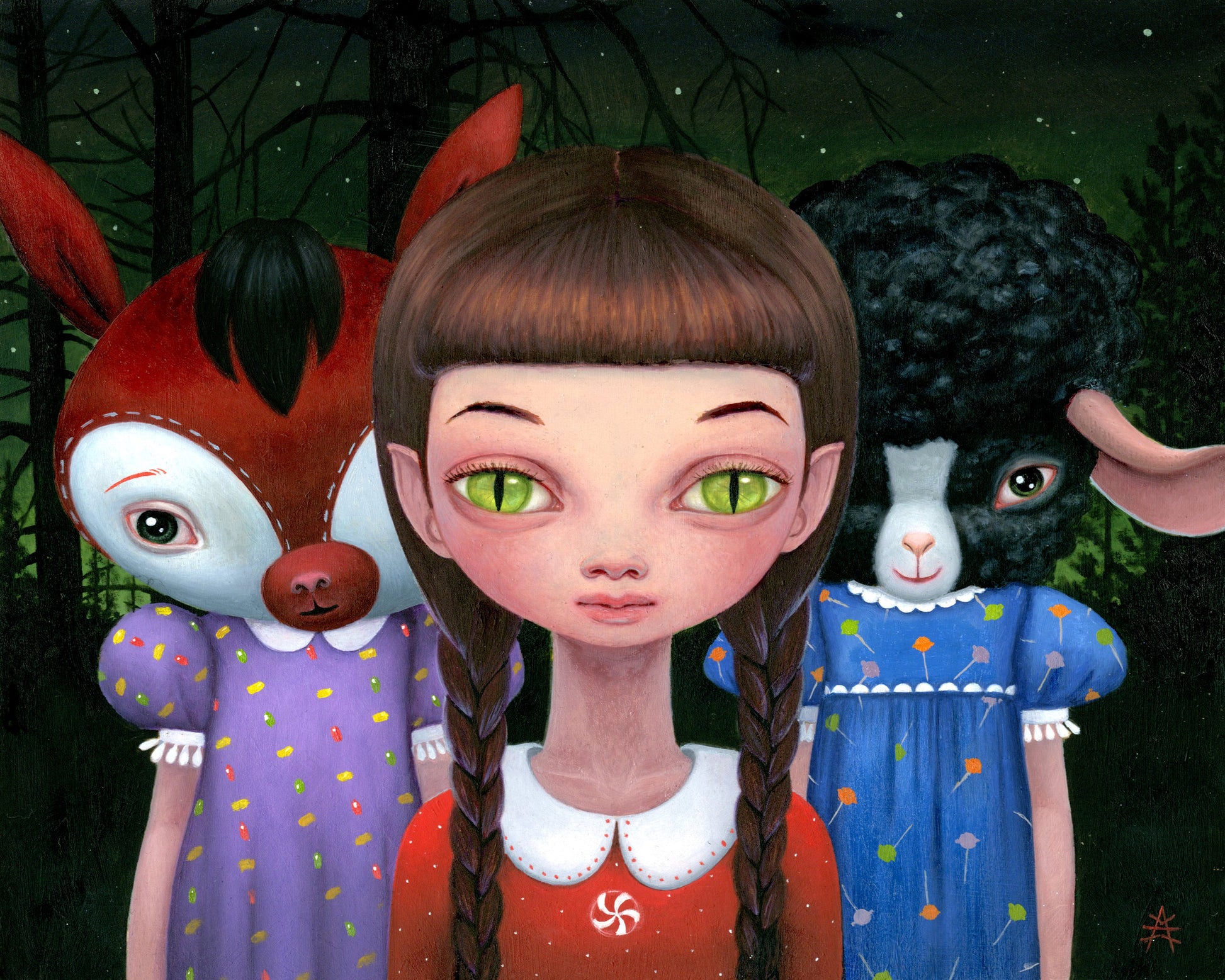 In Ana Bagayans artwork, a girl with green eyes and braided hair is flanked by two animal-headed figures—a red deer and a sheep—both in dresses. The scene, set against a dark forest beneath a starry night sky, captures the enigmatic aura of whimsical trick-or-treaters.