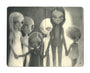 Ana Bagayans graphite drawing portrays hybrid children with large, alien-like eyes forming a circle hand in hand against a starlit backdrop. The ethereal scene is captured on Moleskine paper, amplifying its mysterious atmosphere.