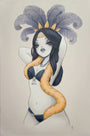 This captivating Anarkitty acrylic on canvas features a woman in a feathered headdress and bikini, adorned with a yellow snake against her long, dark hair and a soft gray background.