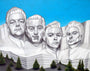 Andrew Spears tribute to Scorsese features intricate stone sculptures of four men with unique hairstyles and expressions, carved into a granite mountain. The scene is reminiscent of Mount Rushmore, set against a clear blue sky with green trees at the base.