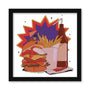 An illustration by Anna Pan features a stacked burger with toppings, fries in a carton, and a ketchup bottle with a straw. A tiny figure climbs the burger at Spoke Art NYC, set against a red and purple starburst design bordered by black.
