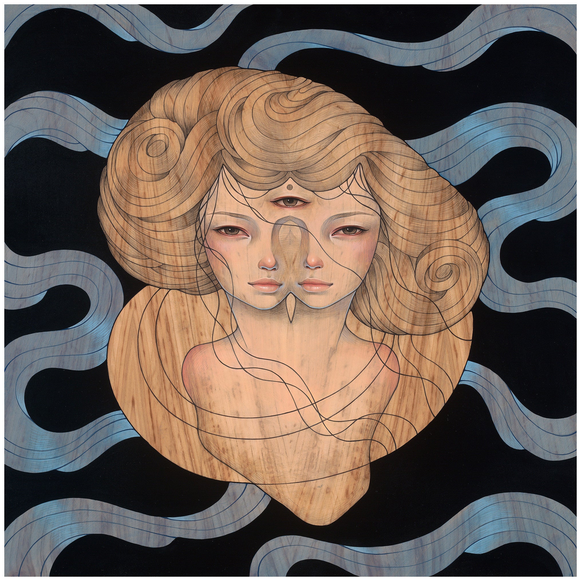 This framed acrylic on panel artwork from Audrey Kawasaki features two ethereal, conjoined faces with a shared third eye, surrounded by swirling lines and flowing wavy hair against a dark background.