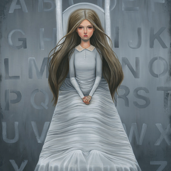 A girl in a long white dress on a swing set against a gray backdrop, surrounded by scattered alphabet letters, mirrors an Audrey Pongracz piece. Her long brown hair and calm expression invite viewers to ponder: Tell me what you think of me.